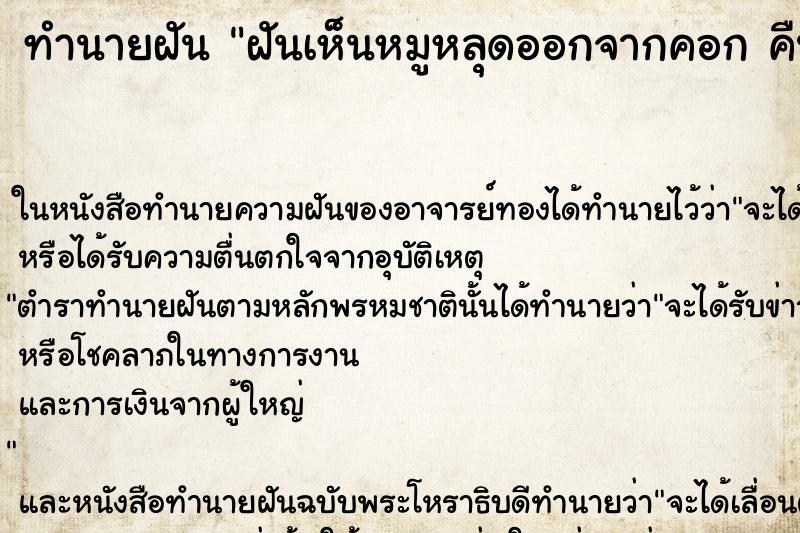 ทำนายฝันทำนายฝันฝันเห็นหมูหลุดออกจากคอกคืนอาทิตย์
